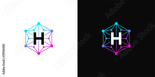 Geometric Hexagonal Logo with Interconnected Dots and the Letter H, presented on both white and black backgrounds