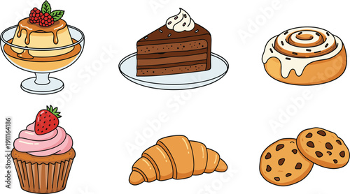 Dessert and bakery sweets flat vector set with cake cupcake croissant cookies cinnamon roll and assorted pastries isolated