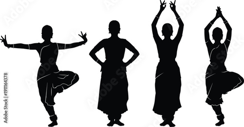Four indian classical dancers in various poses silhouettes