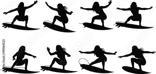 Black silhouettes of women surfing on white background surfer woman female