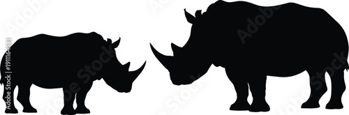 Black silhouettes of two rhinos facing each other rhinoceros white background