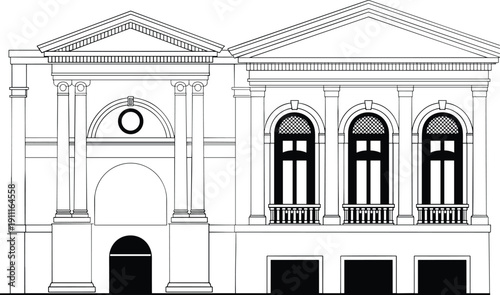 Classical historic building facade illustration, ancient architecture exterior columns arches ornamental house front line art heritage design isolated style