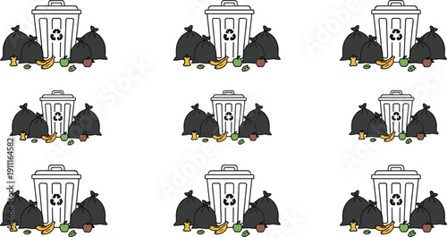 Garbage Bin with Trash Bags and Waste Flat Vector Set Isolated on White Background