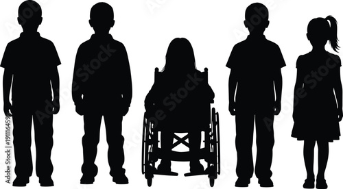 Black silhouettes of five children standing and one in wheelchair kids people