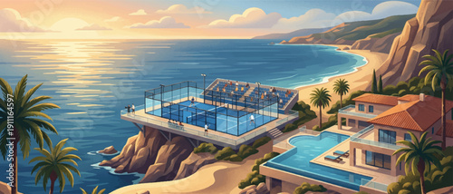 Scenic ocean cliff padel court vector illustration with coastal dunes and championship atmosphere for sports event branding, tournament posters, club advertising, and travel promotions