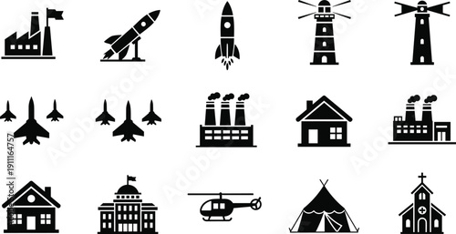 Black and white of buildings and vehicles factory rocket