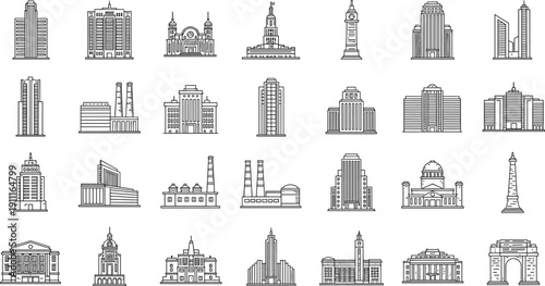 Black and white line of various city buildings and landmarks line black and white architecture