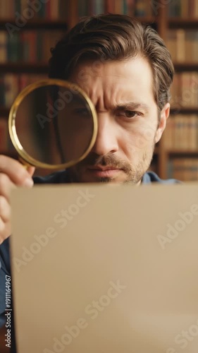 Man Examines Paper with Magnifying Glass in Library
