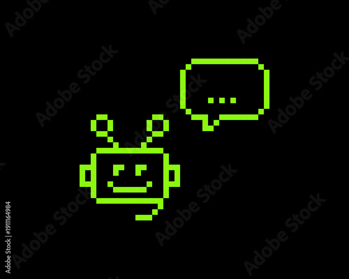 Bot support service pixel art icon. Robot head answering. Speech bubble. Chatbot 8 bit emoji. Vintage retro sticker. Editable pixel vector illustration. Game abstract acid element. Y2k geometric shape
