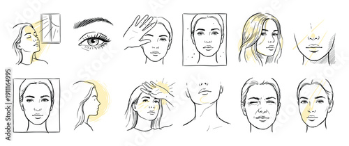 Hand-drawn skincare and sun protection icon set showing a woman's face with wrinkles, spots, and UV damage in a minimalist black and white line art sketch style for cosmetology