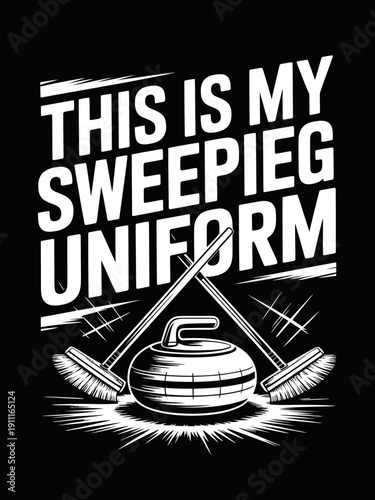 A humorous design features a curling stone and brooms arranged with text. The monochromatic scheme emphasizes the bold typography.