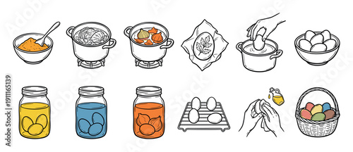 Set of hand-drawn illustrations showing the step-by-step process of naturally dyeing Easter eggs using onion skins and other plants in a simple line art and color doodle style