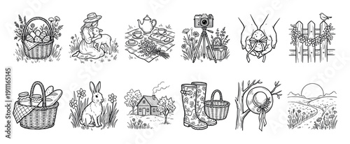 Set of hand-drawn spring illustrations featuring Easter eggs, a picnic basket, a rabbit, a lamb, and countryside scenes in a charming black and white line art doodle style