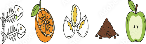 Organic Kitchen Waste and Compost Items Flat Vector Set Isolated on White Background