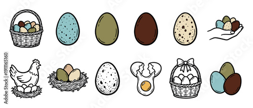 Set of hand-drawn egg illustrations including a chicken, nest, and basket for Easter celebration, rendered in a charming doodle style with muted, natural colors