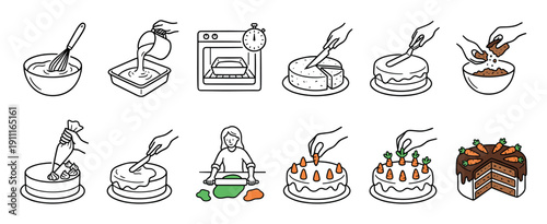 Set of hand-drawn baking instruction icons showing the step-by-step process of making a carrot cake from mixing batter to decorating with frosting and carrots in a simple doodle style