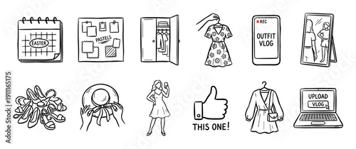 Hand-drawn doodle icon set for fashion vlogging showing Easter outfit preparation with clothes, accessories, and social media elements in a minimalist sketch style