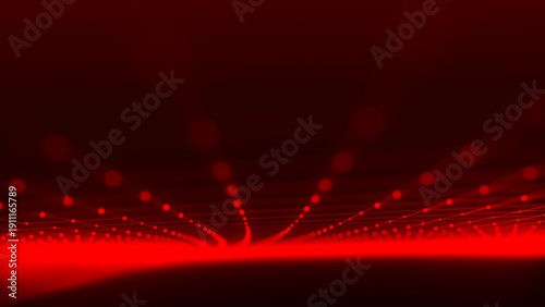 An abstract digital wave of particles. Dark background. Red glowing dots align in undulating arcs, creating an abstract flow of energy. Vector.