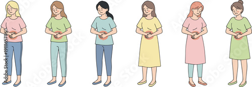 Women with Stomach Pain and Abdominal Discomfort Flat Vector Set Isolated on White Background