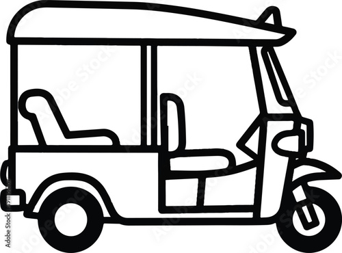 Illustration of a Tuk Tuk with Open Sides and a Roof, Viewed from the Side, Showing Seats and Simple Design