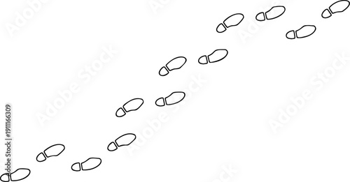 Shoe print outline wave, thin line footprint track zigzag path set on white background. Minimalist walking person steps, shoe print outline, human boot mark shape