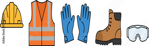Construction Safety Equipment and Protective Gear Flat Vector Set Isolated on White Background