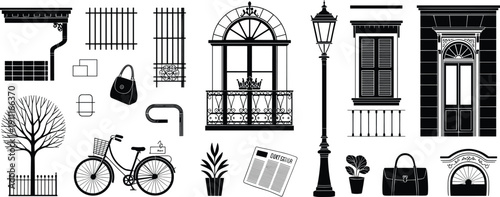 Urban street elements illustration set, city architecture objects collection including windows doors lamp bicycle plants newspaper icons isolated design