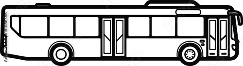 A black and white illustration of a bus viewed from the side, showcasing its sleek design and multiple windows in a simple, graphic style.