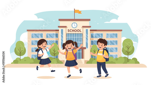 Group of happy school children with backpacks jumping and playing in front of a large modern educational building on a sunny day.