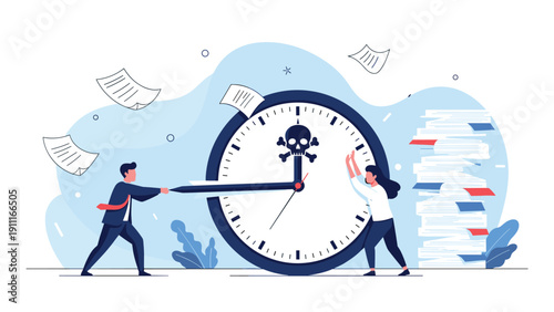 Conceptual business illustration of two people struggling to stop the time on a giant clock decorated with a skull symbol.