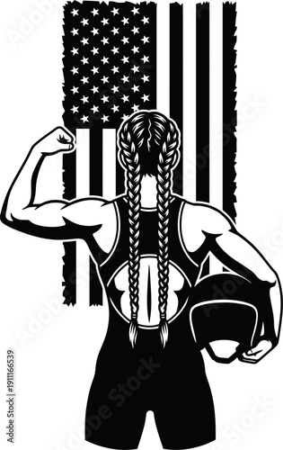 Athletic woman wrestler silhouette flexing arm muscles, female fighter with braids back view, vintage american flag patriotic sports illustration