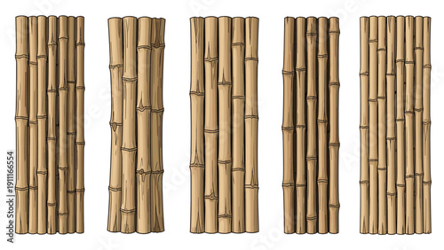 Set of natural brown bamboo stalk bundles tied together in vertical columns isolated against a clean white background.