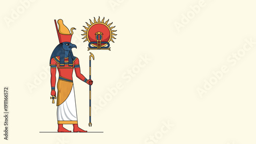 Classical vector illustration of the Egyptian deity Horus holding a staff and wearing a traditional sun disk crown and robes.