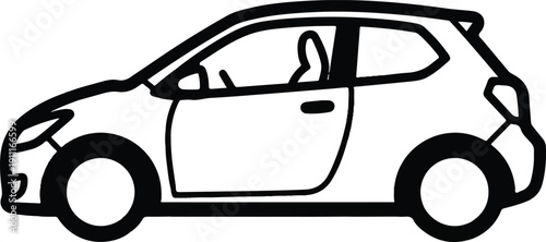 Simple black line illustration of a compact car viewed from the side with visible interior and sleek design elements