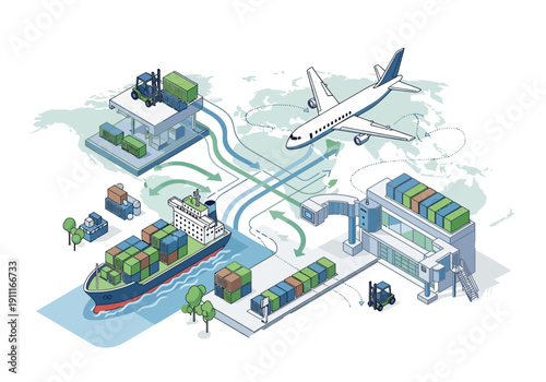 Global Logistics and Transportation Hub Featuring Airplane, Ship, and Containers in a Busy International Trade Scene with Multiple Modes of Transport