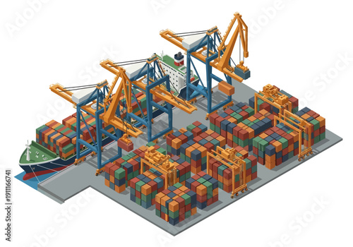 Aerial view of a busy industrial shipping port with cranes loading containers