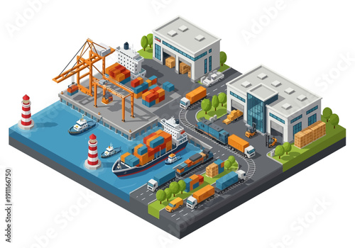 Industrial facility with cranes and cargo ships in a harbor viewed from above