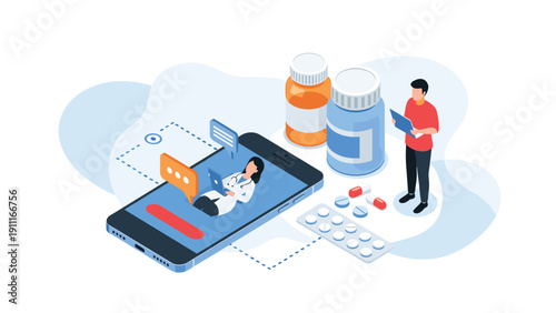Isometric illustration of a person using a smartphone for an online medical consultation with a doctor and pharmacy supplies.