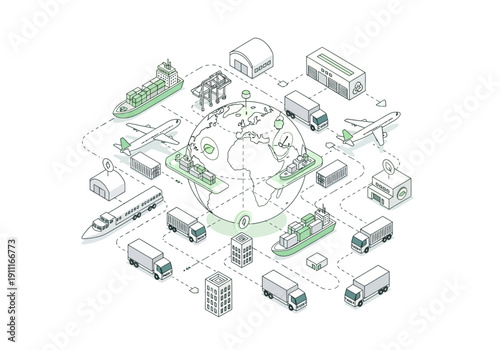 Global Logistics and Transportation Network Illustration Featuring Trucks, Ships, Planes, Warehouses, and Containers