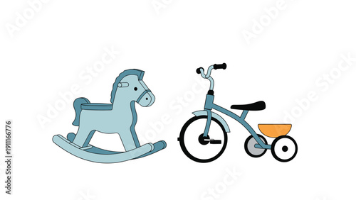 Classic children toys illustration featuring a light blue wooden rocking horse and a matching tricycle with a small basket.