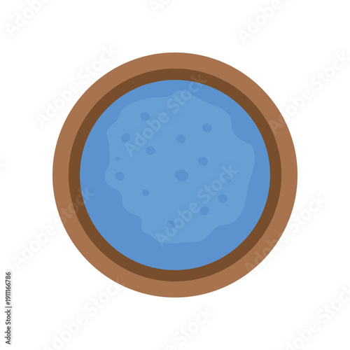 Top view blue matcha tea powder illustration vector flat design on white background. Japanese healthy blue tea powder in bamboo bowl symbol for menu, banner, poster, web, emblem. Butterfly pea flower.