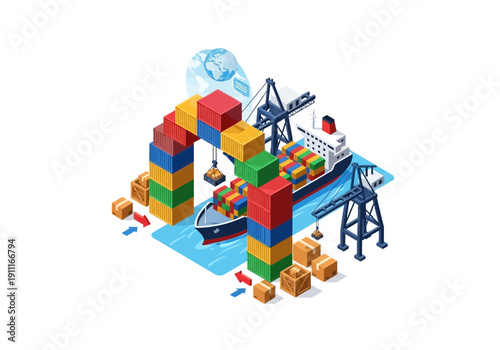 Cargo ship being loaded with colorful containers at a busy port terminal viewed from above