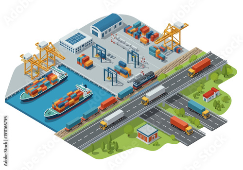 Isometric illustration of industrial transportation hub with cranes, ships, trucks, and trains in a busy logistics environment from an aerial viewpoint