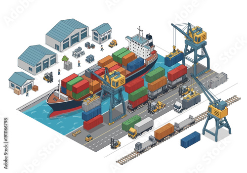 Cargo ship docked at a busy industrial harbor with cranes and trains loading containers from an isometric viewpoint