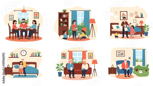 Set of cozy domestic scenes showing family life, elderly couples relaxing, and children playing with their pet dog at home.