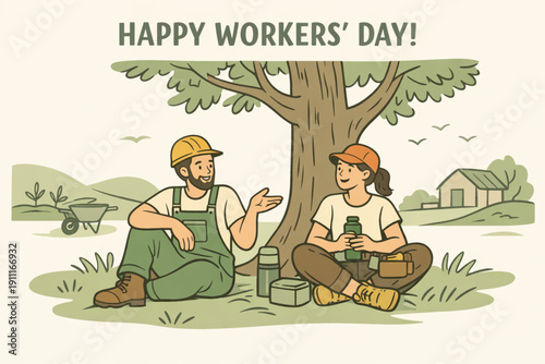 Two workers taking a break under a tree on Workers' Day, enjoying a moment of relaxation and conversation in a serene outdoor setting