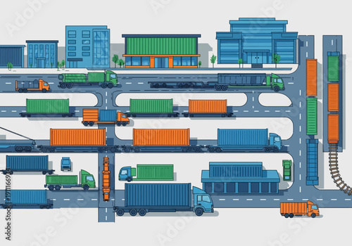 Multilevel transportation network with trucks and vehicles moving through city infrastructure from aerial viewpoint