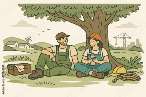 Two workers taking a break under a tree on Workers' Day, enjoying a moment of relaxation and conversation in a serene outdoor setting