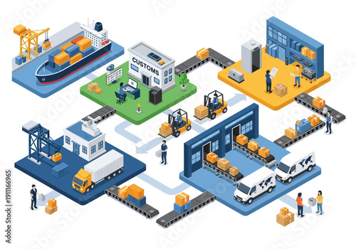 Industrial Supply Chain Process Illustration Showing Factory, Machinery, Transportation, Logistics, and Warehouse Management from an Isometric Viewpoint