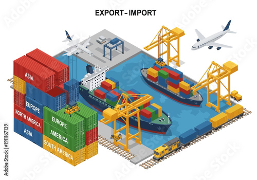 Cargo ship docked at a busy industrial seaport with cranes loading containers